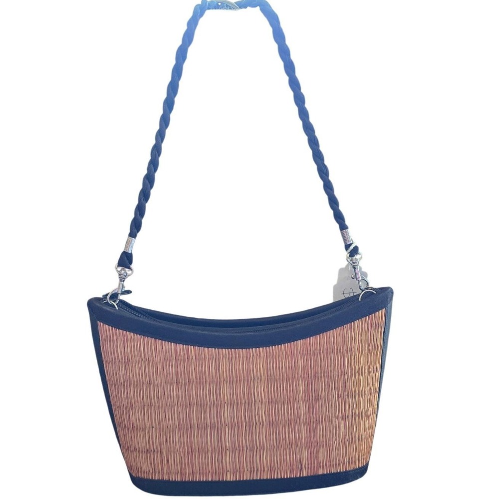 VINTAGE Medium woven fiber black cotton lined silky‎ rope handbag zipper 11x7